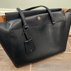 Tory Burch Black Leather Robinson Tote Bag Purse with Top Zipper